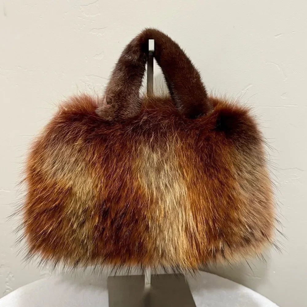 Brown Gradient Real Raccoon Fur & Fur Handles Satchel Bag/Crossbody
